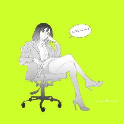Rule 34 | 1girl, alternate costume, animification, blazer, chair, collared shirt, crossed legs, green eyes, greyscale with colored background, head tilt, high heels, jacket, jeongyeon (twice), k-pop, korean text, office chair, office lady, pencil skirt, real life, shirt, sitting, skirt, solo, speech bubble, swivel chair, ting shuo nanhai, translation request, twice (group)