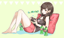 Rule 34 | 1girl, bad id, bad pixiv id, bare arms, bare legs, bare shoulders, barefoot, black shirt, blush, bottle, brown eyes, brown hair, closed mouth, collarbone, controller, d.va (overwatch), earrings, facepaint, facial mark, full body, glint, green background, handheld game console, holding, jewelry, knees up, long hair, lying, mouth hold, mouthsmile, nagu, on back, overwatch, overwatch 1, pillow, pink shorts, playing games, playstation portable, playstation vita, shirt, shorts, simple background, sleeveless, smile, solo, stud earrings, tank top, text focus, whisker markings