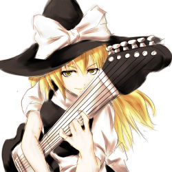Rule 34 | 1girl, bad id, bad pixiv id, blonde hair, copycat (dryfood), copycat (homura), electric guitar, female focus, guitar, hat, instrument, kirisame marisa, solo, touhou, witch, witch hat, yellow eyes