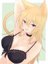 Rule 34 | 1girl, :3, :d, animal ears, arm behind head, arm up, armpits, bad id, bad pixiv id, black bra, black choker, blonde hair, blue background, blue eyes, bra, breasts, cat ears, cat girl, cat tail, choker, cleavage, commentary request, dutch angle, fang, frilled bra, frills, hair between eyes, highres, large breasts, long hair, navel, open mouth, original, ramchi, signature, simple background, smile, solo, straight hair, tail, underwear, underwear only, upper body, v-shaped eyebrows, very long hair