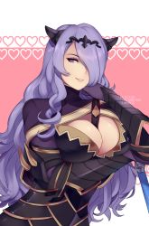 Rule 34 | 1girl, armor, breastplate, breasts, camilla (fire emblem), cleavage cutout, clothing cutout, electro-plankton, fire emblem, fire emblem fates, gauntlets, hair over one eye, highres, large breasts, long hair, looking at viewer, nintendo, purple eyes, purple hair, simple background, smile, solo