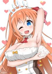 Rule 34 | 1girl, ahoge, arm under breasts, arm up, armpit onigiri, armpits, bare arms, blue eyes, blush, braid, breasts, cleavage, commentary request, detached collar, dress, food, hair between eyes, heart, heart background, holding, holding food, large breasts, long hair, looking at viewer, one eye closed, onigiri, open mouth, orange hair, pecorine (princess connect!), princess connect!, sidelocks, single braid, solo, steam, strapless, strapless dress, sweat, tiara, white dress, yokoshima (euphoria)