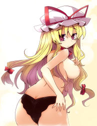 Rule 34 | 1girl, ass, back, black panties, blonde hair, bow, breasts, female focus, from behind, hair bow, hand on own hip, hat, hat ribbon, highres, lace, lace panties, large breasts, long hair, looking back, neck ribbon, nipples, panties, panties only, purple eyes, ribbon, shirogane (platinum), solo, topless, touhou, underwear, underwear only, very long hair, yakumo yukari