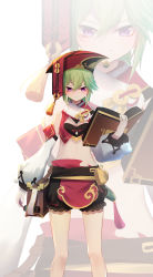 Rule 34 | 1girl, absurdres, bare shoulders, black bloomers, bloomers, book, breasts, chinese commentary, cleavage, commentary request, cosplay, crop top, detached sleeves, feet out of frame, genshin impact, green hair, hair between eyes, highres, holding, holding book, kuki shinobu, long sleeves, looking at viewer, midriff, no navel, pom pom (clothes), purple eyes, qixia, red headwear, short hair, simple background, smile, solo, standing, stomach, underwear, white background, yanfei (genshin impact), yanfei (genshin impact) (cosplay), zoom layer