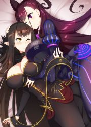 Rule 34 | 2girls, artist name, bed, blush, bodysuit, breasts, bridal gauntlets, brown eyes, brown hair, cheek press, choker, cleavage, cleavage cutout, closed mouth, clothing cutout, commentary request, cone hair bun, couple, double bun, dress, fate/apocrypha, fate/grand order, fate (series), female focus, from above, hair bun, hand on another&#039;s head, head on chest, highres, hug, hug from behind, large breasts, long hair, long sleeves, looking at another, looking back, lying, mattari yufi, multiple girls, murasaki shikibu (fate), on back, on bed, on side, one eye closed, pointy ears, puffy sleeves, purple eyes, purple hair, semiramis (fate), sleeves past wrists, smile, tight clothes, upper body, wide sleeves, wince, wink, yuri