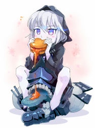 Rule 34 | 10s, 1girl, abyssal ship, burger, colored skin, eating, food, hood, hooded jacket, jacket, kantai collection, magenta (atyana), musical note, open mouth, quaver, re-class battleship, scarf, simple background, sitting, solo, teeth, tongue, tongue out, white background, white hair, white skin