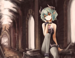 Rule 34 | 1girl, bare shoulders, breasts, choker, collar, demon girl, dress, fiend (juniper&#039;s knot), green hair, horns, juniper&#039;s knot, pantyhose, pas (paxiti), pointy ears, ruins, short hair, sitting, small breasts, solo, strapless, strapless dress, demon girl, wrist cuffs, yellow eyes