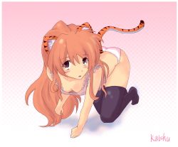 Rule 34 | 00s, aisaka taiga, animal ears, brown hair, cat ears, cat tail, highres, kaishu, panties, perspective, self-upload, solo, tail, thighhighs, tiger ears, tiger tail, toradora!, underwear