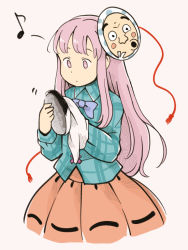 Rule 34 | 1girl, :o, blush stickers, bow, bowtie, bubble skirt, chii-kun (seedyoulater), cleaning, collared shirt, expressionless, hata no kokoro, holding mask, long hair, long sleeves, mask, mask on head, musical note, pink background, pink eyes, pink hair, plaid, plaid shirt, quaver, rag, shirt, simple background, skirt, solo, thick eyebrows, touhou, whistling, wrinkled skin