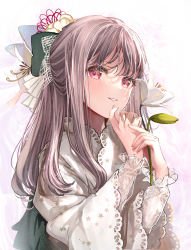 Rule 34 | 1girl, blush, bow, brown hair, commentary request, flower, green bow, hair bow, highres, holding, holding flower, japanese clothes, kimono, long hair, long sleeves, looking at viewer, original, parted lips, puracotte, purple eyes, see-through, smile, solo, white flower, white kimono, wide sleeves