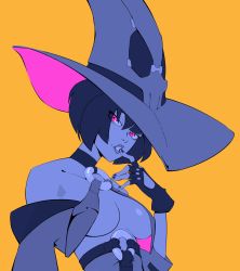 Rule 34 | 1girl, black hair, black nails, bond, breast curtains, breasts, fingerless gloves, gloves, guilty gear, halterneck, hat, highres, i-no, large breasts, lips, looking at viewer, nail polish, parted lips, short hair, smile, solo, upper body, witch hat, yellow background