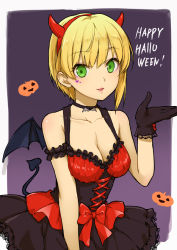 Rule 34 | 10s, 1girl, :d, arm garter, bare arms, black neckwear, black wings, blush, bow, breasts, cleavage, collarbone, commentary request, corset, demon horns, demon tail, demon wings, dress, facepaint, fake horns, frilled dress, frills, gloves, gradient background, hairband, happy halloween, heart, horns, idolmaster, idolmaster cinderella girls, jewelry, lace, lace-trimmed dress, lace-trimmed gloves, lace trim, layered dress, lips, looking at viewer, medium breasts, miyamoto frederica, nekota chihiro, open mouth, pendant, purple background, red bow, red hairband, short hair, sleeveless, sleeveless dress, smile, solo, tail, wings