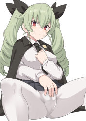 Rule 34 | 1girl, anchovy (girls und panzer), black cape, black necktie, blush, breasts, cameltoe, cape, collared shirt, crotch, dress shirt, drill hair, female masturbation, girls und panzer, green hair, hand on own crotch, long hair, long sleeves, looking at viewer, masturbation, masturbation through clothes, medium breasts, necktie, pantyhose, red eyes, shirt, shiseki hirame, solo, spread legs, thighs, twin drills, twintails, white pantyhose, white shirt