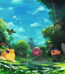 Rule 34 | absurdres, bandana, branch, can, chair, character request, cloud, cloudy sky, day, drinking, closed eyes, falling leaves, fishing, flower, forest, frog, hat, highres, kirby, kirby (series), leaf, looking to the side, lotus, monster, nature, nintendo, ocean, outdoors, sitting, sky, smile, suyasuyabi, tree