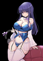 Rule 34 | 1girl, alternate breast size, black background, breasts, frederica bernkastel, garter belt, highres, lingerie, long28, simple background, solo, thick thighs, thighhighs, thighs, umineko no naku koro ni, underwear, white thighhighs