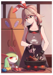 Rule 34 | 1girl, absurdres, apron, bare arms, berry (pokemon), black gloves, brown eyes, brown hair, character print, closed mouth, collarbone, commentary request, cooking, creatures (company), eyelashes, fingerless gloves, game freak, gen 1 pokemon, gen 3 pokemon, gen 4 pokemon, gloves, hairband, highres, holding, kirlia, may (pokemon), medium hair, nintendo, oran berry, pokemon, pokemon (creature), pokemon oras, red hairband, red shirt, rotom, rotom (frost), shirt, sitrus berry, sleeveless, sleeveless shirt, smile, snorlax, table, ziranyuan