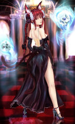Rule 34 | 1girl, alternate costume, animal ears, bare shoulders, black dress, black gloves, bow, braid, breasts, cat ears, cat tail, checkered floor, column, dress, earrings, elbow gloves, extra ears, from behind, full body, gloves, gown, hair bow, high heels, highres, hitodama, indoors, jewelry, kaenbyou rin, kneepits, legs, lips, looking at viewer, looking back, mightyhonk, multiple tails, necklace, nekomata, nose, pearl necklace, pillar, red eyes, red hair, reflection, shoulder blades, side slit, sideways glance, skull, smile, solo, strap, tail, touhou, twin braids, two tails