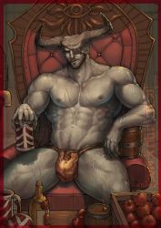 Rule 34 | 1boy, abs, apple, bara, bottle, bulge, crotch, dragon age, dragon age: inquisition, eyepatch, fruit, horns, looking at viewer, male focus, muscular, pectorals, rumzrumz, scar, topless male, sitting, smile, solo, table, the iron bull, throne, underwear