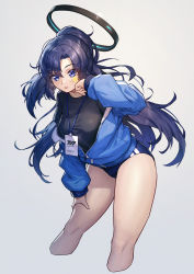 Rule 34 | 1girl, absurdres, black shirt, blue archive, blue buruma, blue eyes, blue hair, blue jacket, breasts, buruma, cowboy shot, halo, hand on own face, hand on own thigh, highres, id card, jacket, light blush, long hair, long sleeves, looking at viewer, mazel (mazel star), medium breasts, off shoulder, official alternate costume, parted bangs, parted lips, ponytail, shirt, sidelocks, simple background, solo, star sticker, sticker on face, thighs, white background, yuuka (blue archive), yuuka (track) (blue archive)