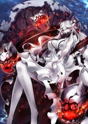 Rule 34 | 10s, 1girl, abyssal ship, bad id, bad pixiv id, breasts, cleavage, dress, escort fortress (kancolle), horns, kantai collection, large breasts, long hair, looking at viewer, midway princess, pale skin, pokimari, red eyes, revision, very long hair, white dress, white hair