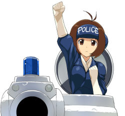 Rule 34 | &gt;:(, 1girl, a1 (initial-g), antenna hair, arm up, brown eyes, brown hair, clenched hand, clenched hands, cosplay, dominion (manga), dominion tank police, elbow gloves, frown, gloves, headphones, hidaka ai, idolmaster, leona ozaki, leona ozaki (cosplay), leona ozeki, leona ozeki (cosplay), looking at viewer, military, military vehicle, motor vehicle, parody, police, police uniform, policewoman, raised fist, serious, short hair, simple background, solo, tank, uniform, upper body, v-shaped eyebrows, vehicle, white background