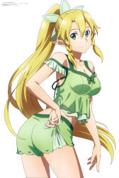 Rule 34 | 1girl, absurdres, artist request, ass, bare arms, bare legs, bare shoulders, blonde hair, braid, breasts, cleavage, cowboy shot, green eyes, green pajamas, highres, large breasts, leafa, long hair, looking at viewer, looking back, megami magazine, pajamas, pointy ears, ponytail, short shorts, shorts, simple background, solo, sword art online, sword art online: alicization, thighs, twin braids, very long hair, white background