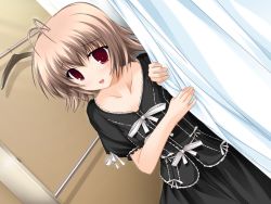Rule 34 | 1girl, always, antenna hair, black dress, bow, cartains, changing, clothes hanger, curtains, dress, dressing, dressing room, game cg, goth fashion, kitagami kanako, red eyes, shop, shopping, smile, solo, tenmaso