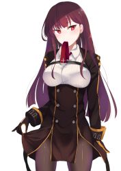 Rule 34 | 1girl, ashino, black pantyhose, black skirt, blazer, blouse, blush, breasts, buttons, clothes lift, collared shirt, double-breasted, framed breasts, girls&#039; frontline, gloves, hair ribbon, half updo, high-waist skirt, jacket, large breasts, lifting own clothes, long hair, looking at viewer, mouth hold, necktie, necktie in mouth, one side up, pantyhose, pelvic curtain, purple hair, red eyes, red necktie, ribbon, shirt, simple background, skirt, skirt lift, solo, striped clothes, striped shirt, thighband pantyhose, tsurime, very long hair, wa2000 (girls&#039; frontline), white background, white shirt