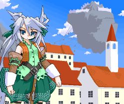 Rule 34 | 1girl, belt, blue eyes, bow, female focus, floating island, hair bow, long hair, lowres, mof, mof&#039;s silver haired twintailed girl, oekaki, original, outdoors, silver hair, skirt, sky, solo, twintails, very long hair, weapon