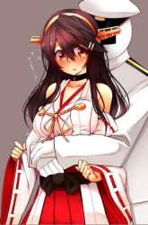 Rule 34 | 10s, 1boy, 1girl, admiral (kancolle), black hair, blush, breasts, detached sleeves, duplicate, gloves, hair ornament, hairclip, haruna (kancolle), headgear, hetero, hug, hug from behind, kantai collection, large breasts, long hair, long sleeves, military, military uniform, nontraditional miko, open mouth, orange eyes, remodel (kantai collection), surprised, translated, tsukui kachou, uniform, white gloves