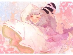 Rule 34 | 1girl, :d, ashiyu (ashu-ashu), blush, cherry blossoms, closed eyes, commentary request, grey hair, hat, highres, japanese clothes, kariginu, long hair, long sleeves, mononobe no futo, open mouth, ponytail, ribbon-trimmed sleeves, ribbon trim, smile, solo, tate eboshi, touhou, upper body, wide sleeves