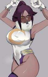 Rule 34 | 1girl, absurdres, bleach, boku no hero academia, breasts, condom, condom in mouth, cosplay, covered navel, dark-skinned female, dark skin, female focus, flexing, gloves, highres, large breasts, mirko (cosplay), mouth hold, ponytail, purple hair, shihouin yoruichi, slit pupils, solo, standing, thick thighs, thighhighs, thighs, trait connection, white gloves, yellow eyes