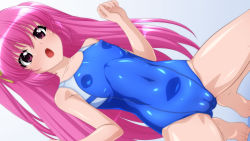 Rule 34 | 1girl, absurdres, barefoot, blue one-piece swimsuit, breasts, cameltoe, cleft of venus, commentary request, competition swimsuit, covered navel, dutch angle, hair ribbon, highres, long hair, one-piece swimsuit, original, pink hair, purple eyes, ribbon, small breasts, solo, squatting, sugimura tomokazu, swimsuit, two side up