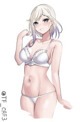 Rule 34 | 1girl, alternate costume, blonde hair, blue eyes, blush, bra, commentary request, cowboy shot, cropped legs, frilled bra, frills, gradient hair, groin, highres, jean bart (kancolle), kantai collection, medium hair, multicolored hair, navel, one-hour drawing challenge, panties, simple background, solo, tf cafe, twitter username, underwear, white background, white bra, white panties