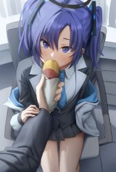 Rule 34 | 1girl, 1other, absurdres, black skirt, blue archive, blue necktie, blush, chair, collared shirt, food, formal, from above, gileu, halo, highres, long hair, long sleeves, mechanical halo, necktie, pleated skirt, purple eyes, purple hair, shirt, sitting, skirt, suit, sweet potato, two side up, white shirt, yuuka (blue archive)
