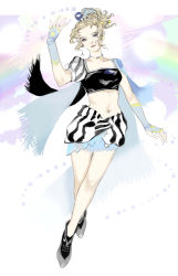 Rule 34 | 1girl, alternate costume, bad id, bad pixiv id, cape, closed mouth, commentary request, crop top, dissidia final fantasy, earrings, final fantasy, full body, gloves, highres, jewelry, looking at viewer, midriff, miniskirt, navel, official alternate costume, pauldrons, ponytail, short hair, single pauldron, skirt, solo, striped, tina branford, user tanv4842, vertical stripes