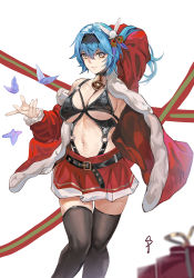 Rule 34 | 1girl, absurdres, arm behind head, arm up, bare shoulders, bell, belt, bikini, black bikini, black choker, black hair, blue hair, blurry, blurry foreground, bug, butterfly, choker, christmas, closed mouth, eula (genshin impact), fur trim, genshin impact, gift, hair between eyes, hair ornament, highres, insect, lan xiezi, long hair, navel, neck bell, o-ring, red skirt, ribbon, signature, simple background, single bare shoulder, skindentation, skirt, slit pupils, smile, solo, swimsuit, thighhighs, white background, yellow eyes