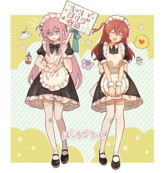 Rule 34 | 2girls, apron, black dress, blush, bocchi the rock!, bow, breasts, closed eyes, coffee cup, cube hair ornament, cup, cupcake, disposable cup, dress, flower, food, frilled apron, frills, full body, gotoh hitori, hair between eyes, hair ornament, heart, highres, holding, holding sign, holding tray, kita ikuyo, long hair, looking away, maid, maid apron, maid headdress, medium breasts, multiple girls, official alternate costume, one side up, open mouth, pink hair, puffy sleeves, shaded face, shoes, sign, smile, spoken heart, thighhighs, tray, white apron, white thighhighs, wu156109