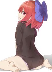 Rule 34 | 1girl, bare legs, barefoot, black shirt, bow, from behind, hair bow, holding own arm, long sleeves, open mouth, panties, pink panties, purple bow, red eyes, red hair, red ribbon, ribbon, ribbon-trimmed bow, sekibanki, shirt, short hair, simple background, sitting, solo, touhou, tyouseki, underwear, wariza, white background