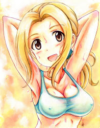 Rule 34 | 1girl, armpits, arms behind head, arms up, blonde hair, blush, bra, breasts, brown eyes, cleavage, covered erect nipples, flying sweatdrops, head tilt, highres, idolmaster, idolmaster cinderella girls, looking at viewer, manabe itsuki, medium breasts, open mouth, ponytail, smile, sports bra, sweat, underwear, vzmk2