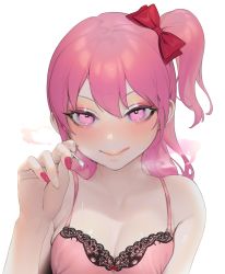 Rule 34 | 1girl, :q, absurdres, bad id, bad pixiv id, bare shoulders, blush, bow, breasts, camisole, chae nara, cleavage, cotton swab, eye focus, eyelashes, eyeshadow, fingernails, grey nails, hair bow, hand up, highres, holding, long hair, looking at viewer, makeup, multicolored nails, nail art, nail polish, ohisashiburi, one side up, pink eyes, pink hair, pink lips, red bow, red nails, shining star, simple background, smile, solo, sparkle, sweat, tongue, tongue out, upper body, white background