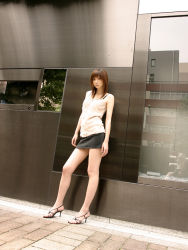 Rule 34 | 1girl, asian, brown eyes, brown hair, camisole, city, miniskirt, outdoors, pencil skirt, photo (medium), skirt, solo, window