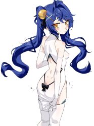 Rule 34 | absurdres, ahoge, amamiya kokoro, ass, back, bell, blue hair, blush, butt crack, china dress, chinese clothes, covered erect nipples, dimples of venus, dress, from behind, from side, gloves, hair bell, hair ornament, highres, jingle bell, looking at viewer, nijisanji, nipples, see-through, simple background, sound effects, sweat, thighhighs, two side up, urokong, virtual youtuber, white background, white dress, white gloves, white thighhighs, x hair ornament, yellow eyes
