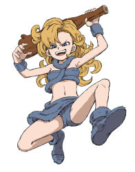 Rule 34 | 1girl, ayla (chrono trigger), blonde hair, blue eyes, breasts, chrono trigger, club (weapon), curly hair, highres, long hair, looking at viewer, navel, open mouth, scarf, simple background, smile, solo, square enix, weapon, white background, yamamoto souichirou