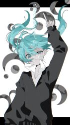 Rule 34 | 1girl, arm up, bandaid, bandaid on cheek, bandaid on face, blue eyes, blue hair, collared shirt, commentary request, crescent, crying, floating hair, frown, hatsune miku, highres, index finger raised, long hair, long sleeves, looking at viewer, rolling girl (vocaloid), shirt, solo, sweater, tabun ningen, tears, twintails, uneven eyes, vocaloid