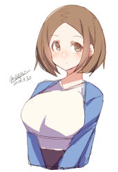 Rule 34 | 1girl, black skirt, blue jacket, blush, brown eyes, closed mouth, dated, forehead, high-waist skirt, jacket, light brown hair, looking at viewer, maze (gochama ze gohan), open clothes, open jacket, original, parted bangs, shirt, short hair, signature, simple background, sketch, skirt, smile, solo, white background, white shirt