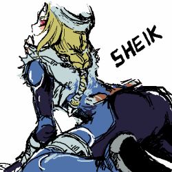 Rule 34 | 1girl, androgynous, armor, ass, blonde hair, blush, bodysuit, braid, formal, gloves, hat, kneeling, leaning forward, long hair, lowres, ninja, nintendo, pale skin, red eyes, reverse trap, scabbard, sheath, sheik, single braid, solo, the legend of zelda, the legend of zelda: ocarina of time, tight clothes