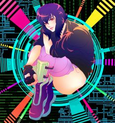 Rule 34 | 1girl, cyborg, female focus, ghost in the shell, ghost in the shell stand alone complex, jacket, kusanagi motoko, looking at viewer, purple hair, short hair, smile, solo
