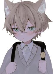 Rule 34 | 1boy, :o, absurdres, ahoge, animal ear fluff, animal ears, backpack, bag, blue eyes, blush, cat boy, cat ears, child, commentary request, hair between eyes, highres, kemonomimi mode, looking at viewer, male focus, mumei 00007, open mouth, original, simple background, sketch, solo, sweater vest, white background