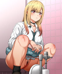 Rule 34 | 1girl, barbell piercing, black choker, black necktie, black socks, blonde hair, blue skirt, blush, brown footwear, cellphone, censored, choker, closed mouth, clothes lift, collared shirt, colored tips, ear piercing, earrings, fake nails, female pubic hair, furrowed brow, gradient hair, gyaru, highres, holding, holding phone, indoors, industrial piercing, jewelry, kitagawa marin, lifted by self, loafers, long hair, monpuchi, mosaic censoring, multicolored hair, nail polish, necktie, panties, panty pull, phone, piercing, pink nails, plaid, plaid skirt, pleated skirt, pubic hair, pussy, red eyes, red hair, restroom, ring, school uniform, shirt, shoes, skirt, skirt lift, smartphone, socks, solo, sono bisque doll wa koi wo suru, squat toilet, squatting, swept bangs, tile wall, tiles, toilet, toilet stall, toilet use, underwear, white panties, white shirt